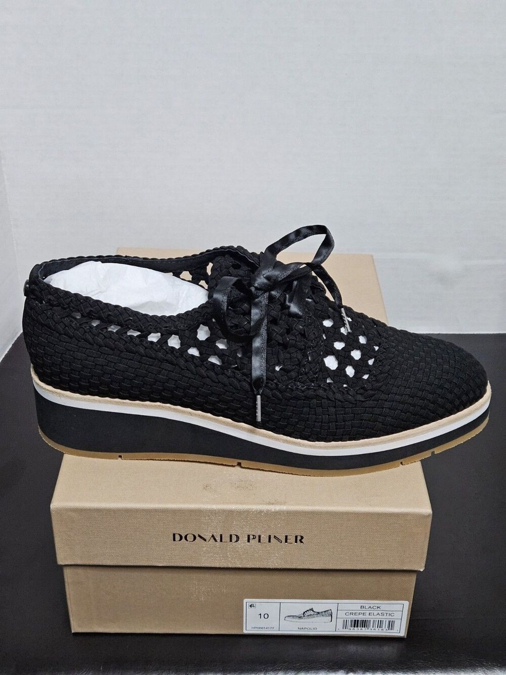 Sz 10 - Donald Pliner Napoli Basketweave Wedge Sneaker Womens Black MSRP $228